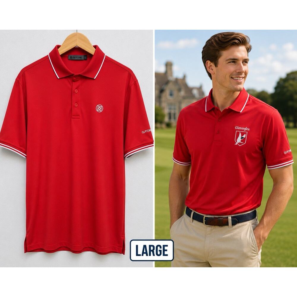 G/FORE Golf Polo Shirt Men’s L Red PShort Sleeve Glen eagle Logo Sun Fading